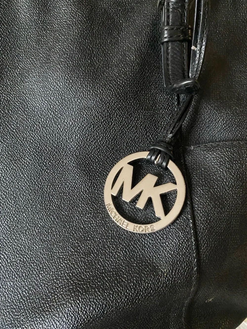 Michael Kors Black Leather Tote with Signature MK Pendant — Medium size